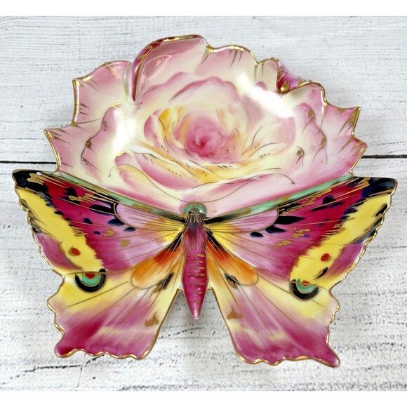 Vintage Lefton Butterfly Flower With Gold Trim Shaped Candy Trinket Dish AJ501 - Picture 1 of 6